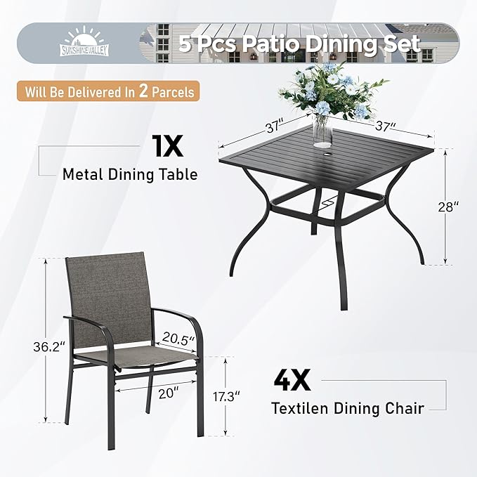 5 Piece Patio Dining Set for 4, 37”x37” Square Table - Image 2