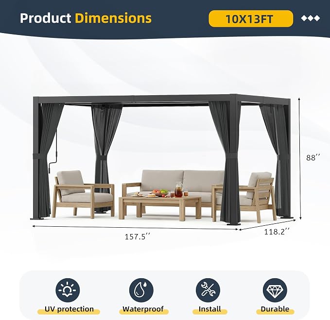 10' x 13' Louvered Pergola, Metal Patio Pergola - Image 3