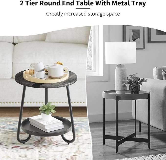 2 Tier Coffee Table in Living Room, Industrial Style Round Coffee Table - Image 6