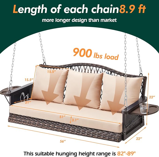 Upgraded Wicker Hanging Porch Swing Heavy Duty 900lbs 3-Seat Outdoor Patio - Image 7