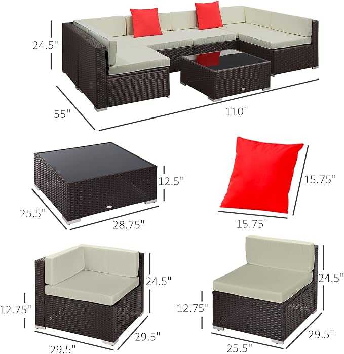 Outsunny 7 Piece Patio Furniture Set, Wicker Outdoor Sectional Sofa Set - Image 7