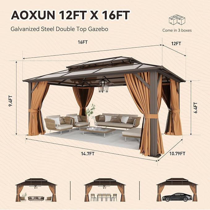 Aoxun 12'x16' Hardtop Gazebo, Outdoor Metal Gazebo - Image 3