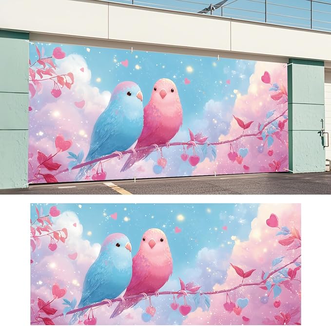 Birds Garage Door Banner 6x13FT, Cute Love Birds Garage Door Cover, Romantic - Image 6
