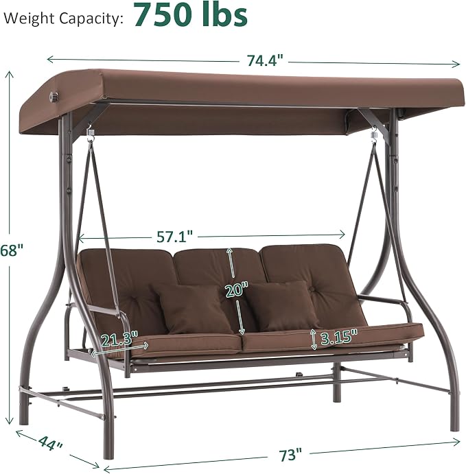 MCombo 3-Seat Outdoor Patio Swing Chair, 2-in-1 Convertible Porch Swing Glider - Image 5