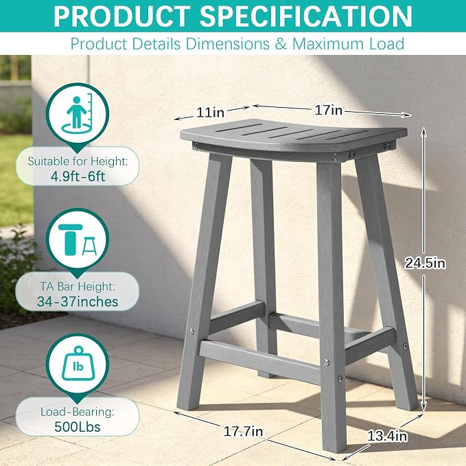 Outdoor Bar Stools Set of 6, 24 Inch All-Weather HDPE Counter Height Chairs - Image 3