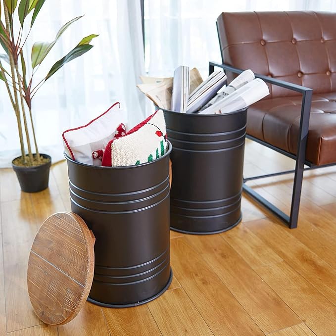 Glitzhome Rustic End Table Set of 2, Farmhouse Galvanized Metal Barrel Ottoman - Image 3