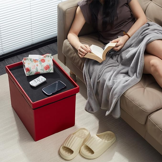 AmasSmile Storage Ottoman Folding Foot Rest Stool, Leather Footstool Bench - Image 2