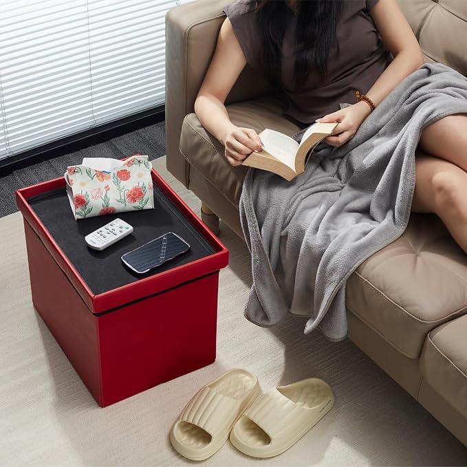 AmasSmile Red Storage Ottoman Folding Foot Rest Stool - Image 2