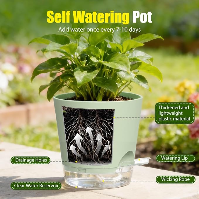 Plant Pots 7 Inch Self Watering Pots, 6 Pack Plastic Planters - Image 4