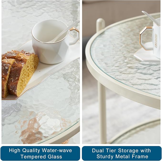 VINGLI 25.6" Small Cream White Round Coffee Table Water-Wave Glass Circle Clear - Image 4