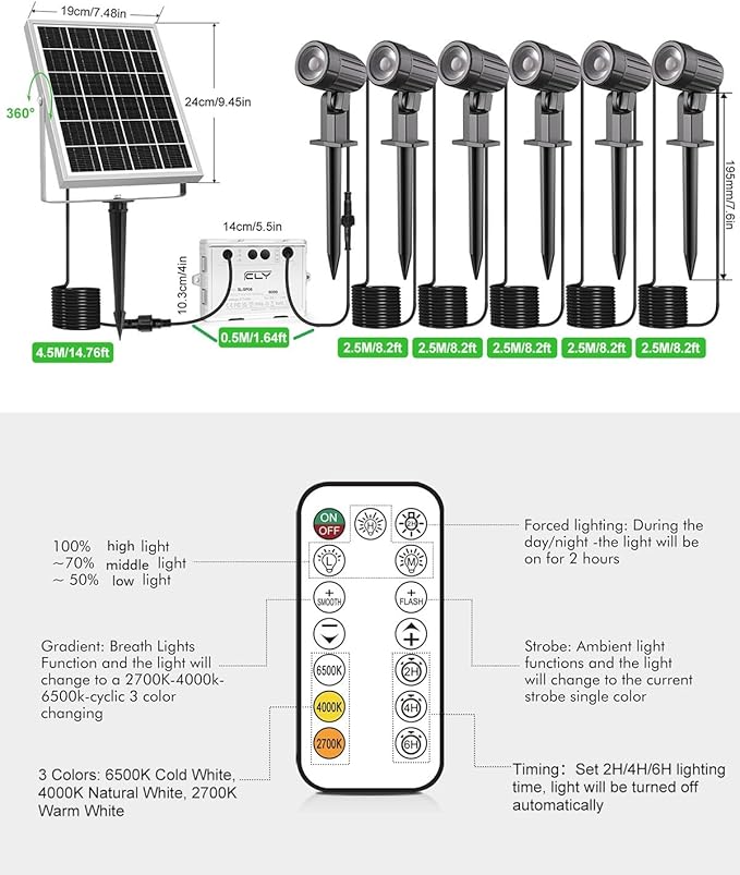 CLY 6 in 1 Solar Spotlights Landscape Outdoor Garden, Solar Spotlights IP66 - Image 7