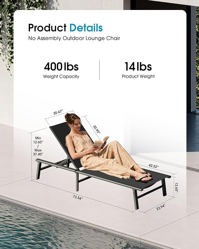 Ciokea Foldable Outdoor Lounge Chair, No Assembly Patio Chaise Lounge Outdoor - Image 2
