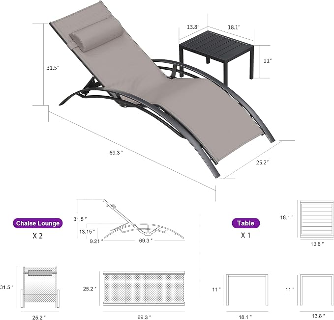 PURPLE LEAF Patio Chaise Lounge Set of 3 Outdoor Lounge Chair Beach Pool - Image 2