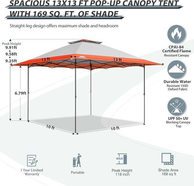 EAGLE PEAK 13x13 Straight Leg Pop Up Canopy Tent Instant Outdoor Canopy Easy - Image 3