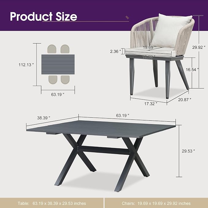 PURPLE LEAF 5 Pieces Patio Dining Set Wicker Outdoor Furniture Rectangular - Image 8