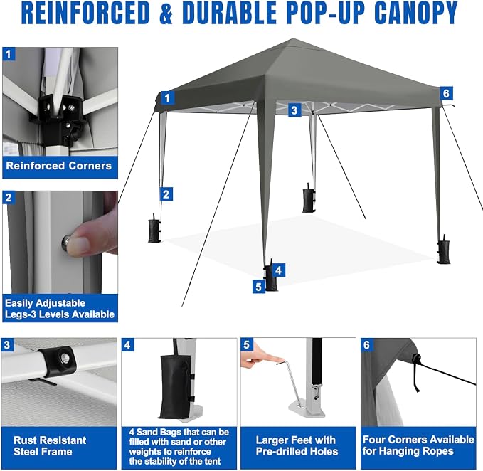 Yesker 10x10 Pop Up Canopy Tent UPF 50+ Waterproof Outdoor Canopy Portable - Image 5