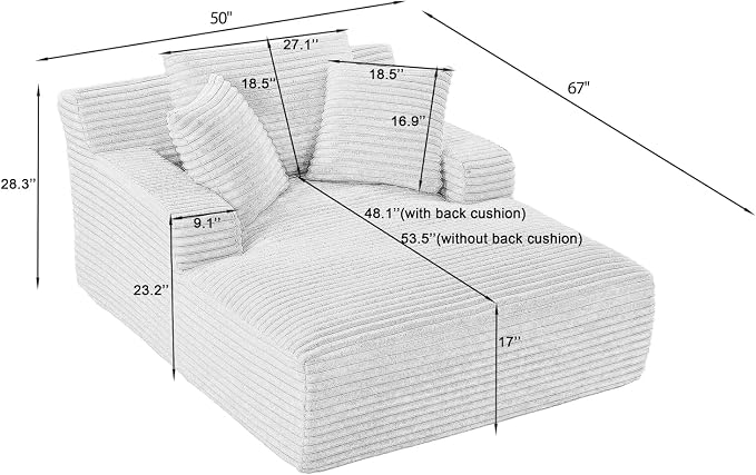 67 Inch Chaise Lounge Chair Indoor, Oversized Corduroy Upholstered Boneless - Image 2