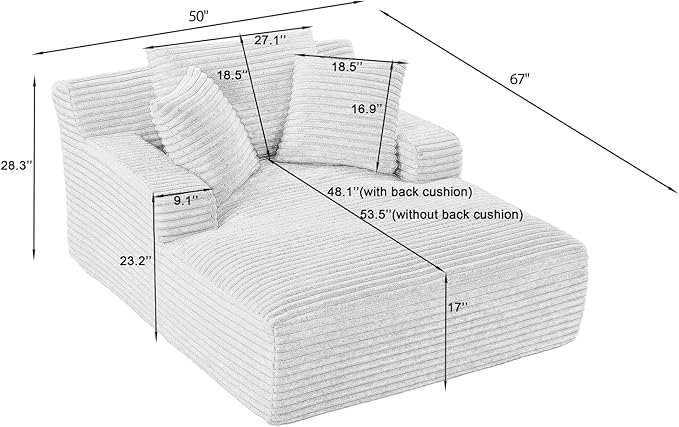 50 Inch Oversized Chaise Lounge Chair Indoor, Corduroy Upholstered Boneless - Image 2