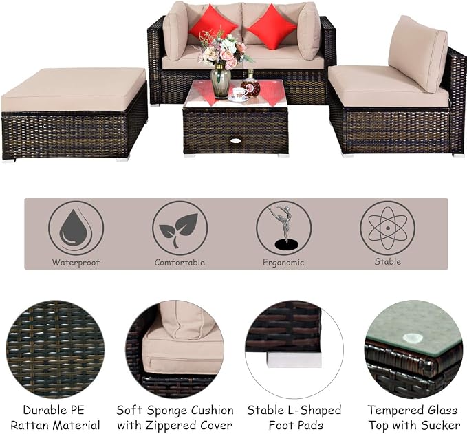 Tangkula 5 Pieces Patio Rattan Furniture Set, Outdoor Sectional Rattan Sofa Set - Image 8