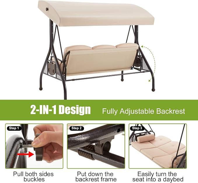 GYUTEI 3-Seat Patio Swing with Canopy, Outdoor Porch Swing with 1.5" Upgraded - Image 4