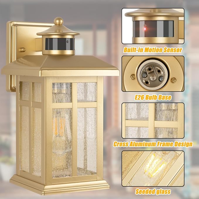 2-Pack Gold Exterior Motion Wall Sconces, Outdoor Waterproof Wall Light - Image 7