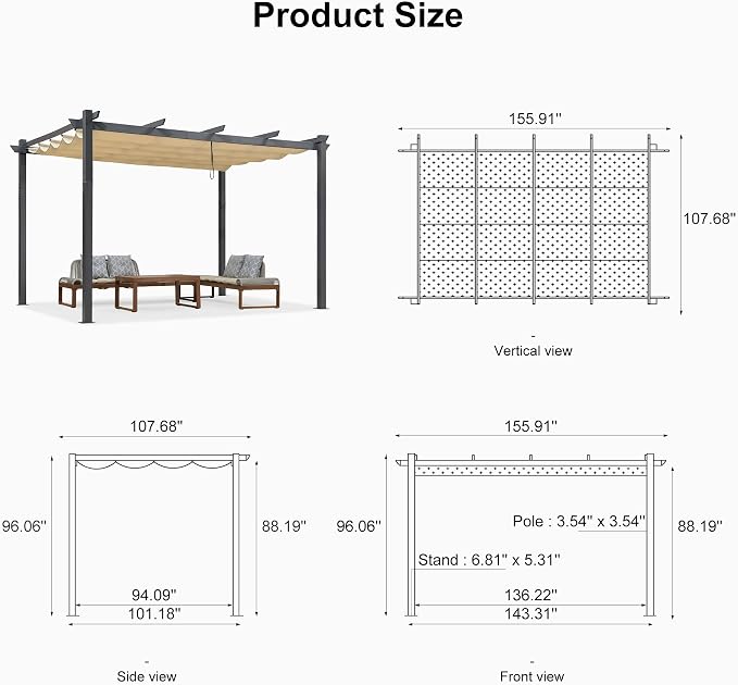 PURPLE LEAF 9.5' X 13' Outdoor Retractable Pergola Against The Wall - Image 6