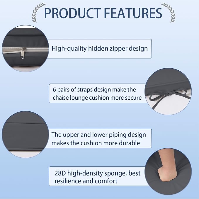 Outdoor Chaise Lounge Cushions Set of 2, Waterproof Fade Resistant Patio - Image 4