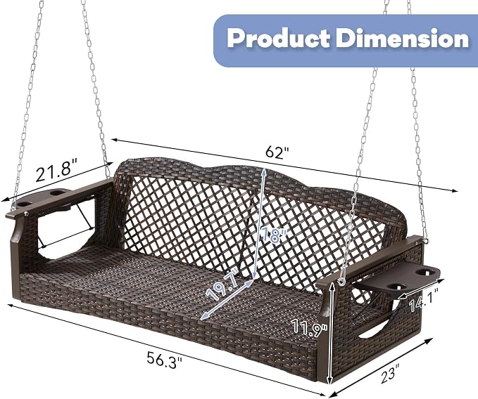 3 Seat Porch Swing, Wicker Patio Swing - Image 7