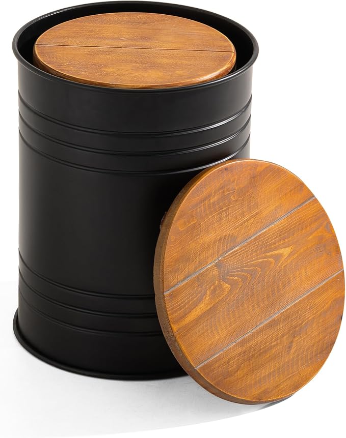 Glitzhome Rustic End Table Set of 2, Farmhouse Galvanized Metal Barrel Ottoman - Image 7