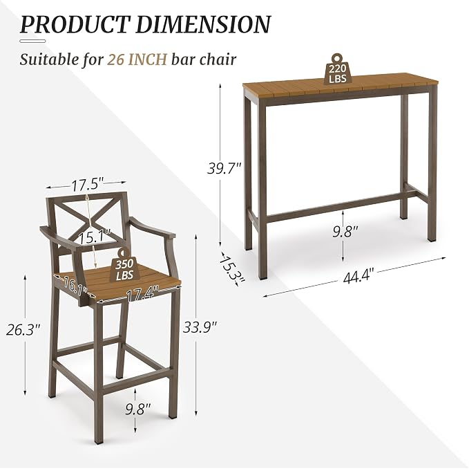 Outdoor Bar Height Table and Chairs Set, 3 Piece Patio Pub Bar Set - Image 3