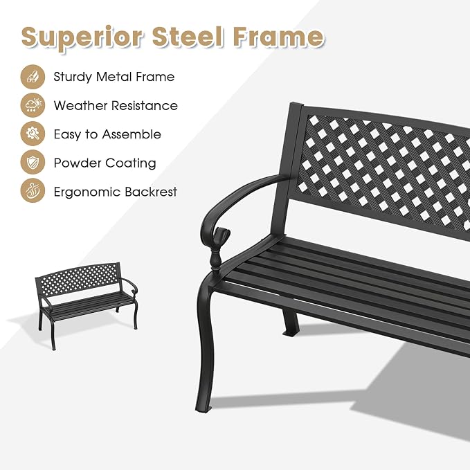 VICLLAX Outdoor Garden Bench, Metal Frame Patio Bench - Image 5