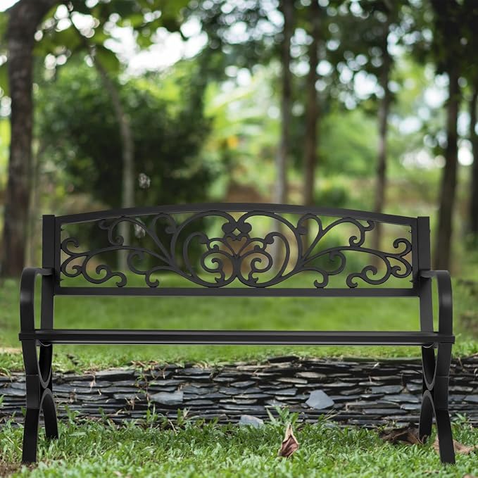 PayLessHere Black Outdoor Metal Loveseat Chairs Patio Garden Bench 50-inch - Image 7