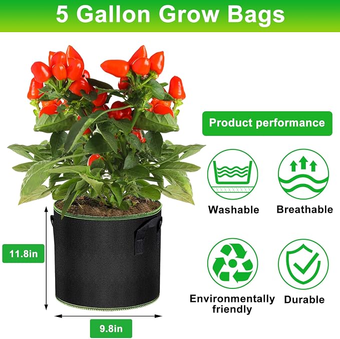 5 Gallon Fabric Grow Bags 6-Pack, Thickened Aeration Planter Bags - Image 3