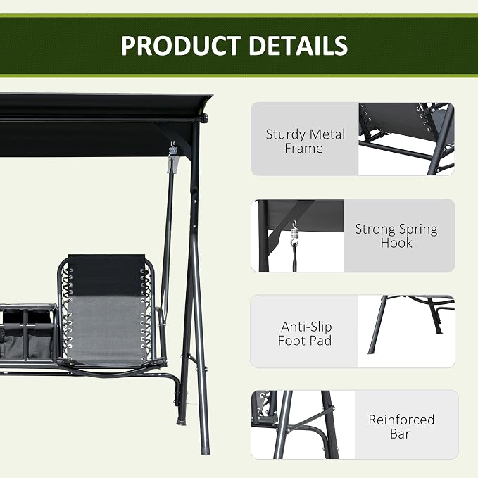 Outsunny 2-Seat Patio Swing Chair, Outdoor Canopy Swing Glider - Image 6