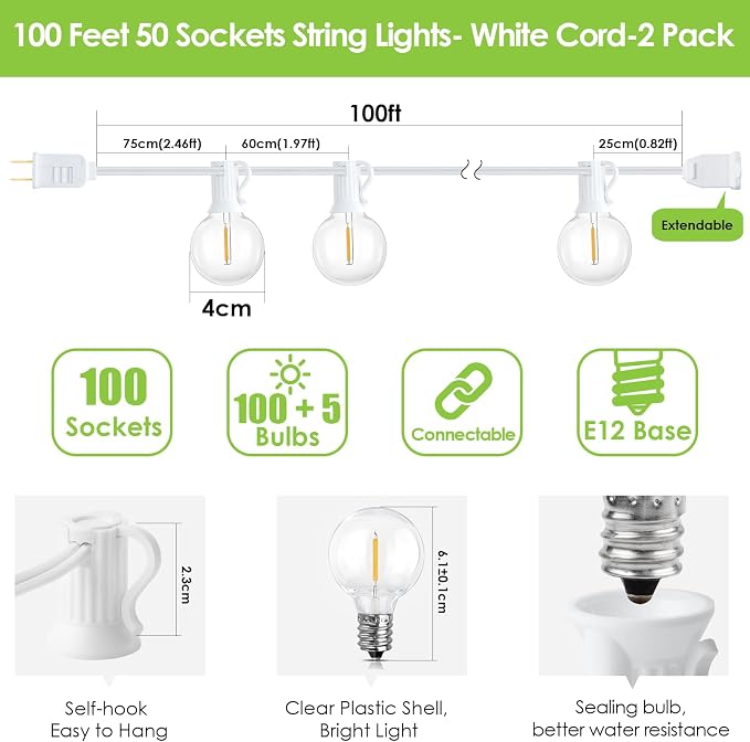 Mlambert 200Ft LED Outdoor String Lights, Dimmable G40 Globe Patio Lights - Image 4