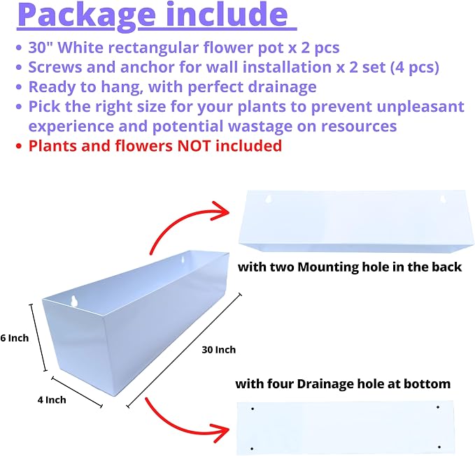 LaLaGreen Wall Planters White Carbon Steel Metal Hanging Flower Pots, Long - Image 2