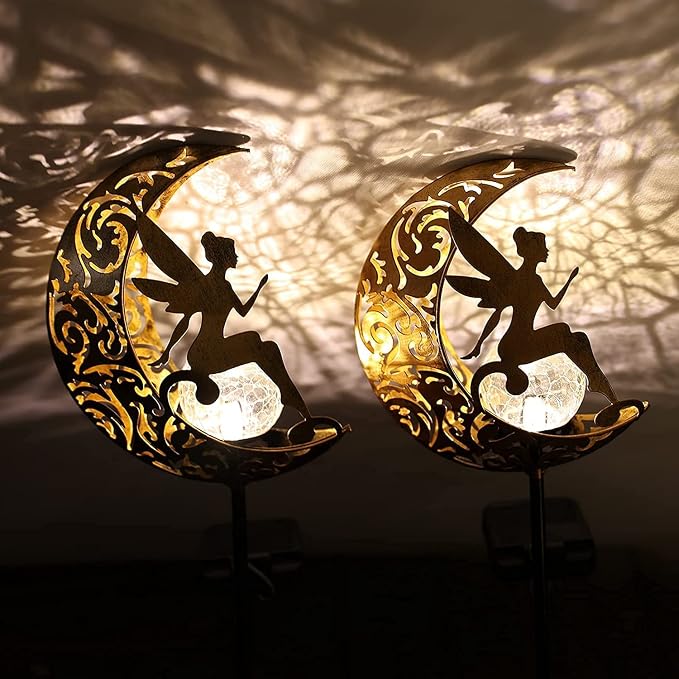 YJFWAL 2 Pack Garden Solar Lights Pathway Stake Lights Moon Fairy Glass Globe - Image 2