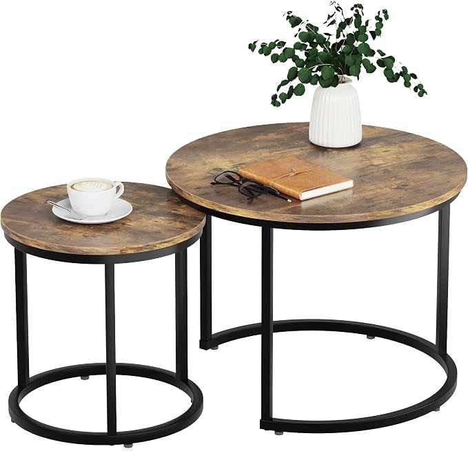 Smuxee Nesting Coffee Table Set of 2, 23.6" Round Coffee Table Rustic Wood Top - Image 8