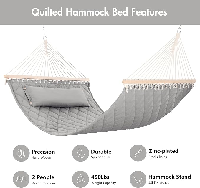 ANOW Heavy Duty Hammock with Spreader Bars and Detachable Pillow, 2 Person - Image 3