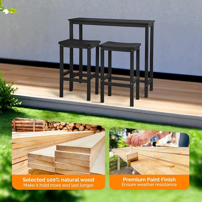 VINGLI 3-Piece Fir Wood Outdoor Bar Table and Chairs Set, Outdoor Bar Height - Image 3