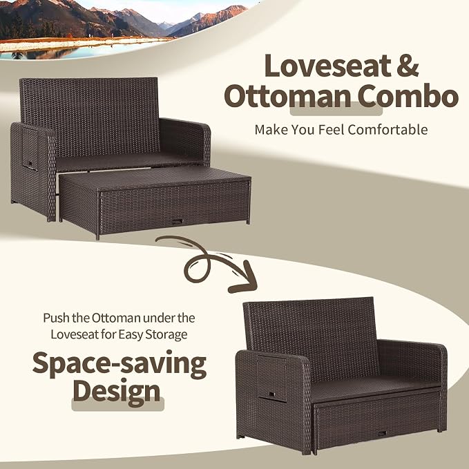 LDAILY Moccha Outdoor Daybed, Wicker Loveseat Sofa Set - Image 7