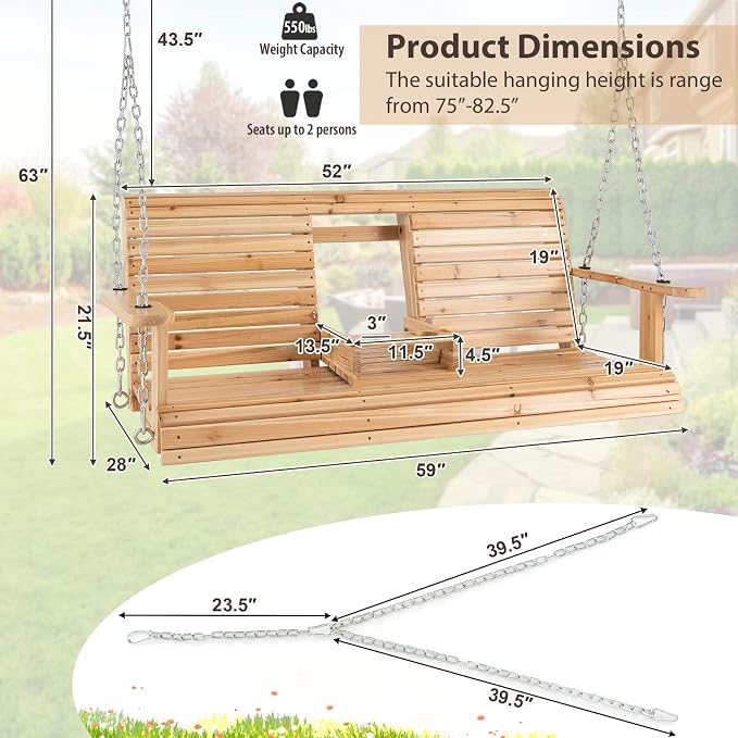 Tangkula 2 Person Hanging Porch Swing, Outdoor Bench Swing - Image 7