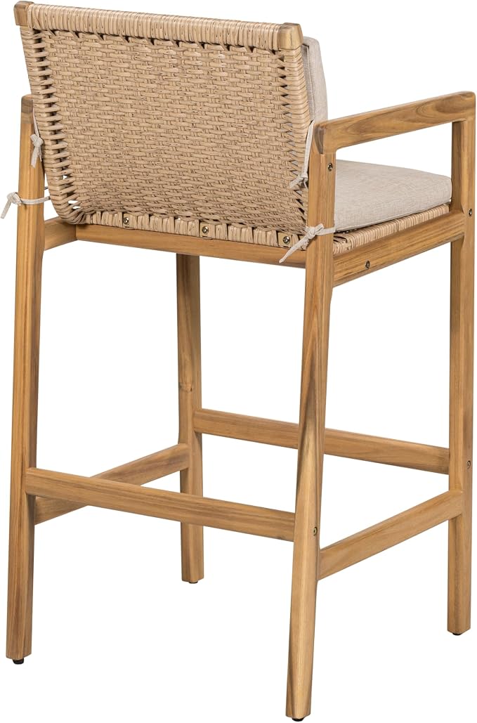 Merax Outdoor Bar Stools Set of 2, Wicker Woven Barstools, Acacia Wood Counter - Image 6