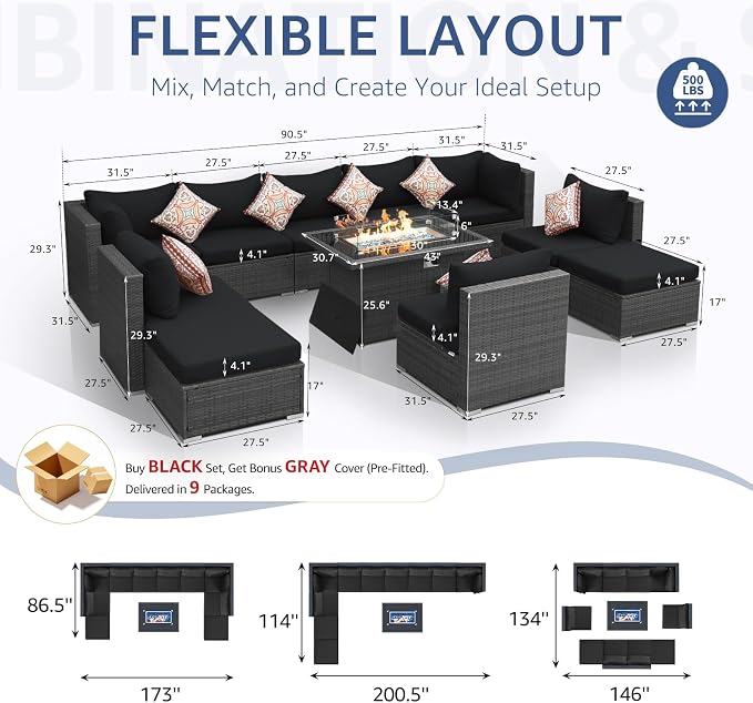 NICESOUL 11 Piece Outdoor Furniture Set w/Fireplace, Luxury Patio Sectional - Image 6