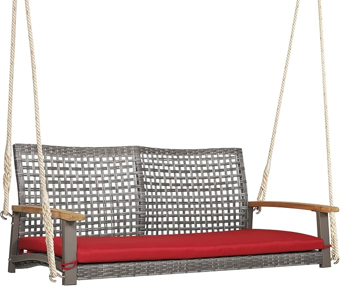 Happygrill 2-Person Patio Porch Swing Chair, Outdoor Rattan Swing Bench by HAPPYGRILL