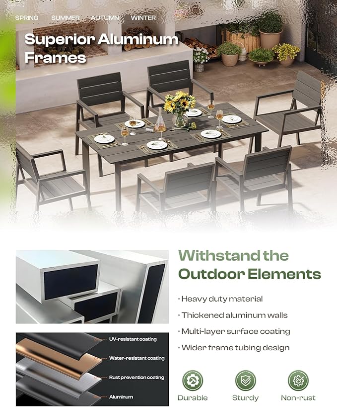 Aluminum Outdoor Dining Set for 6, Patio Table and Chairs Set - Image 4