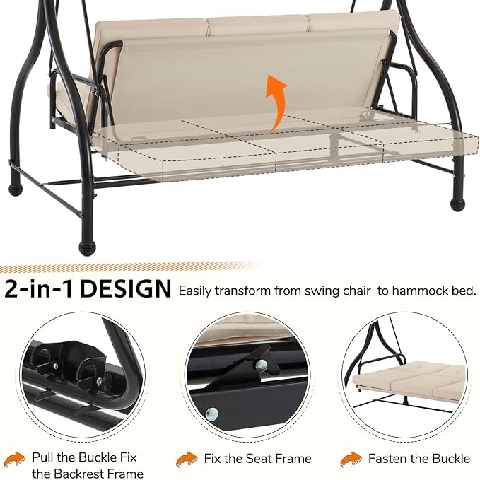 U-MAX Porch Swing Chair with Adjustable Backrest&Canopy, 3 Seat Patio Swing - Image 2