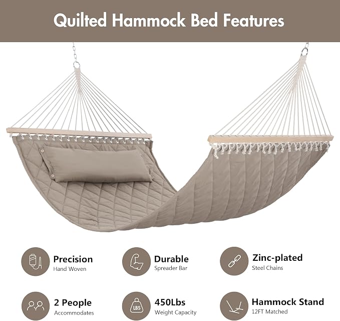 ANOW Double Hammock with Spreader Bars and Detachable Pillow, 2 Person Hammock - Image 3