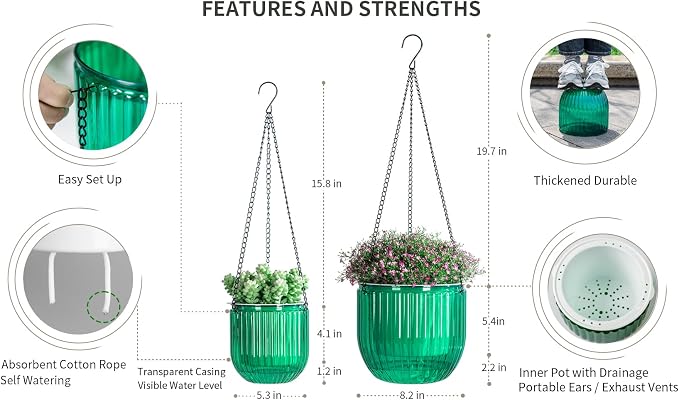 Josteve 5.2/8.2 Inch 2 Pcs Self Watering Hanging Planter Indoor Plant Pots - Image 5