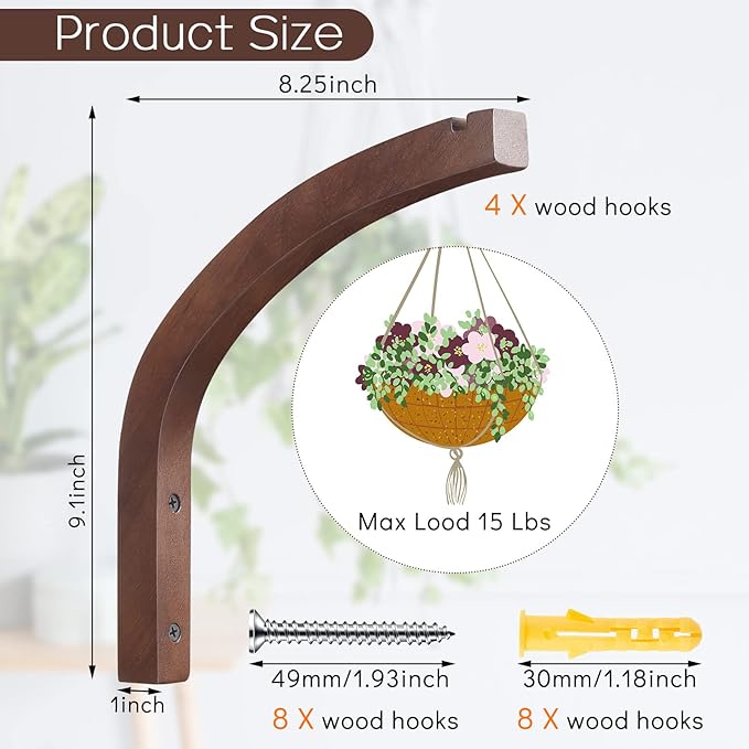 Juexica 4 Pcs Plant Hanger Wooden, 8 Inch Hanging Plant Hooks - Image 2